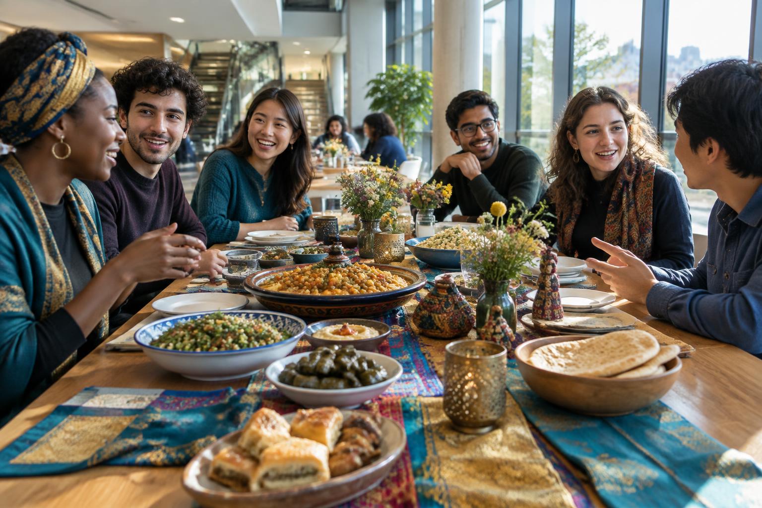 International students sharing food and conversation around a table